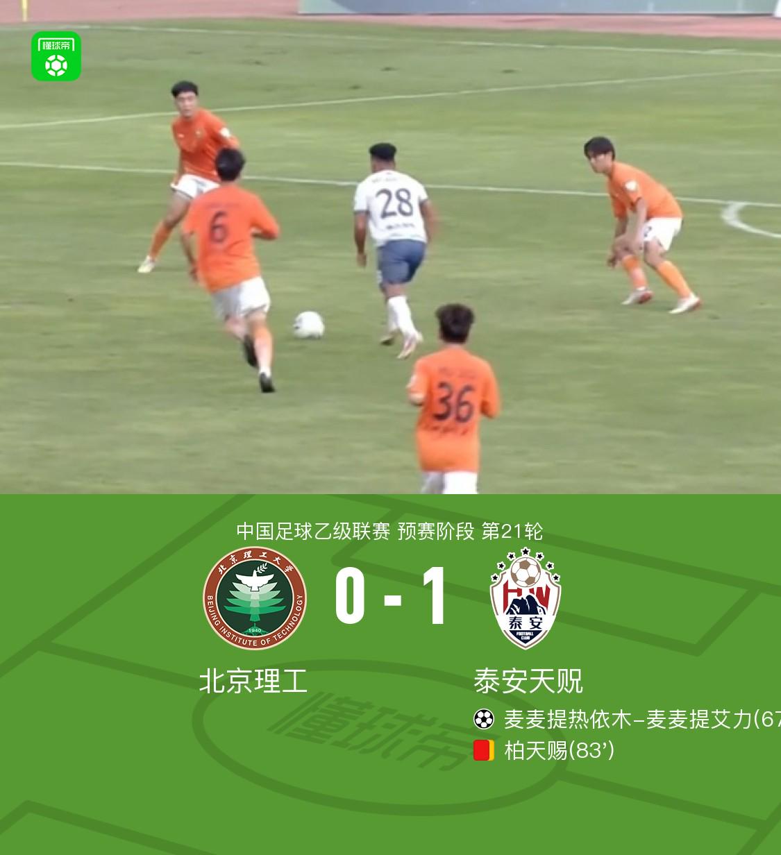 泰安天貺1-0北京理工，麥麥提熱依木制勝，柏天賜染紅